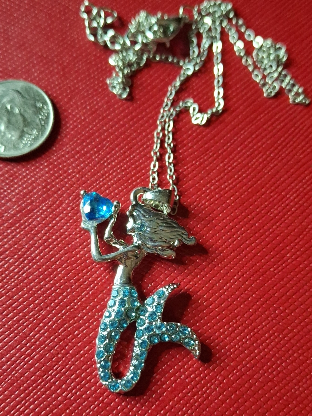 Mermaid Rhinestone 1.25" Charm w 17" Silver Tone + 2" extension Blue Beach Sea